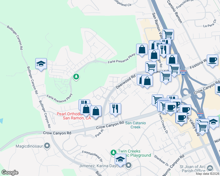 map of restaurants, bars, coffee shops, grocery stores, and more near 108 Treasure Court in San Ramon