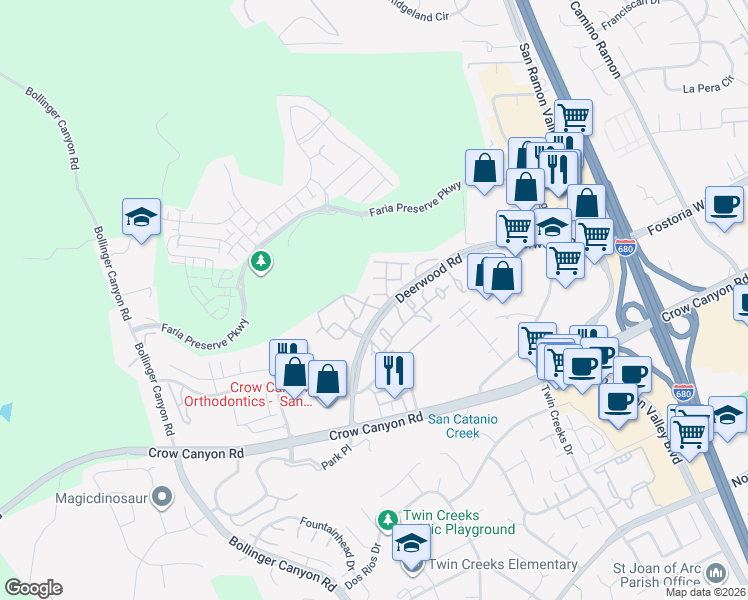 map of restaurants, bars, coffee shops, grocery stores, and more near 106 Treasure Court in San Ramon