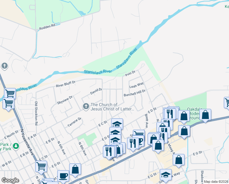 map of restaurants, bars, coffee shops, grocery stores, and more near 670 Almondcrest Street in Oakdale