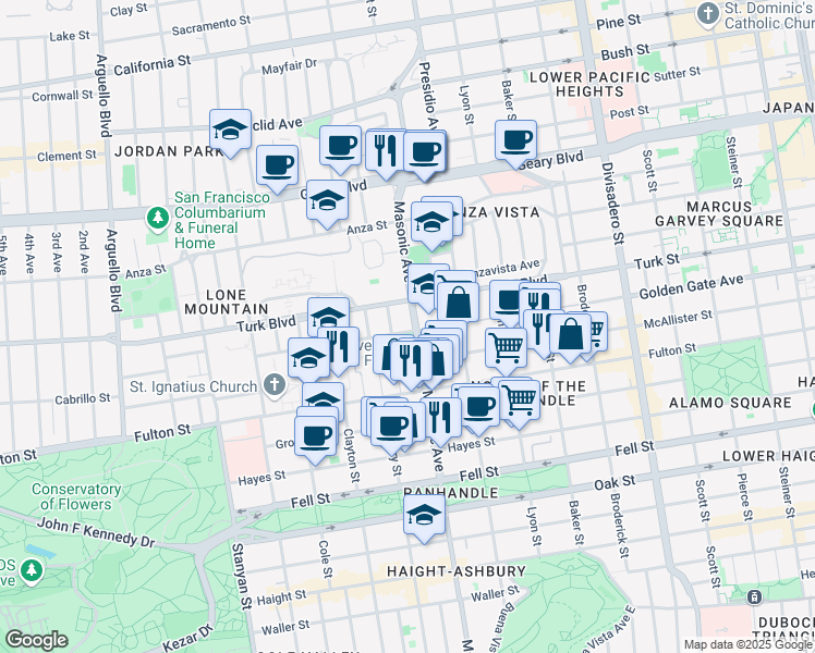 map of restaurants, bars, coffee shops, grocery stores, and more near 2187 Golden Gate Avenue in San Francisco