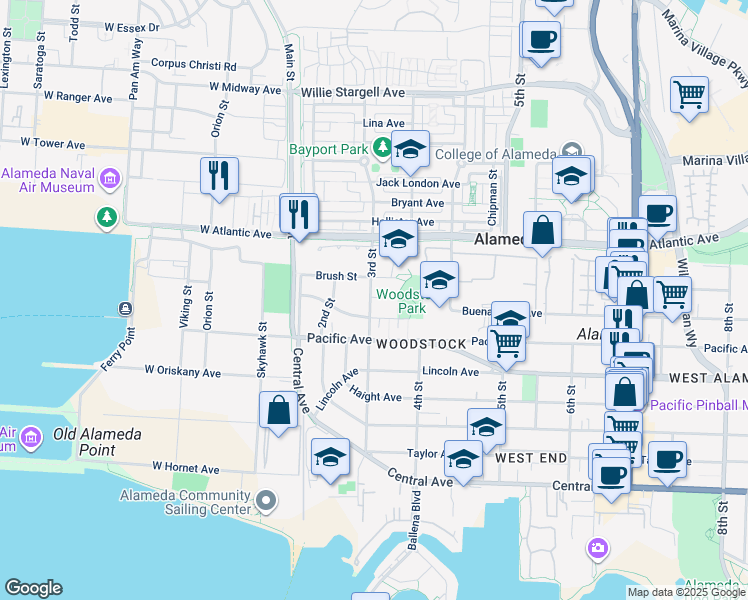 map of restaurants, bars, coffee shops, grocery stores, and more near 1820 3rd Street in Alameda