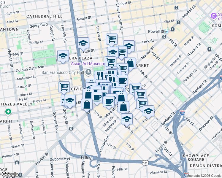 map of restaurants, bars, coffee shops, grocery stores, and more near Market St & Hayes St in San Francisco