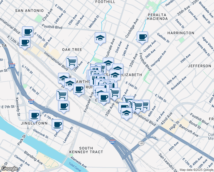map of restaurants, bars, coffee shops, grocery stores, and more near 3314 Farnam Street in Oakland