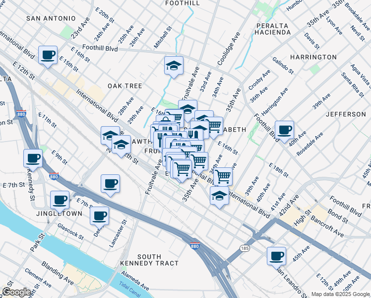 map of restaurants, bars, coffee shops, grocery stores, and more near 3270 International Boulevard in Oakland