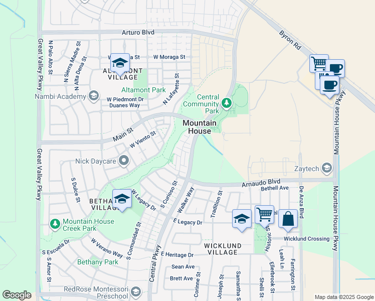 map of restaurants, bars, coffee shops, grocery stores, and more near 121 West Del Sol Lane in Mountain House