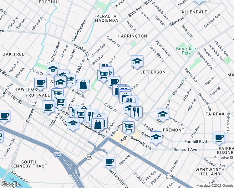 map of restaurants, bars, coffee shops, grocery stores, and more near 4000 Foothill Boulevard in Oakland
