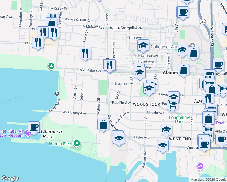 map of restaurants, bars, coffee shops, grocery stores, and more near 1715 2nd Street in Alameda
