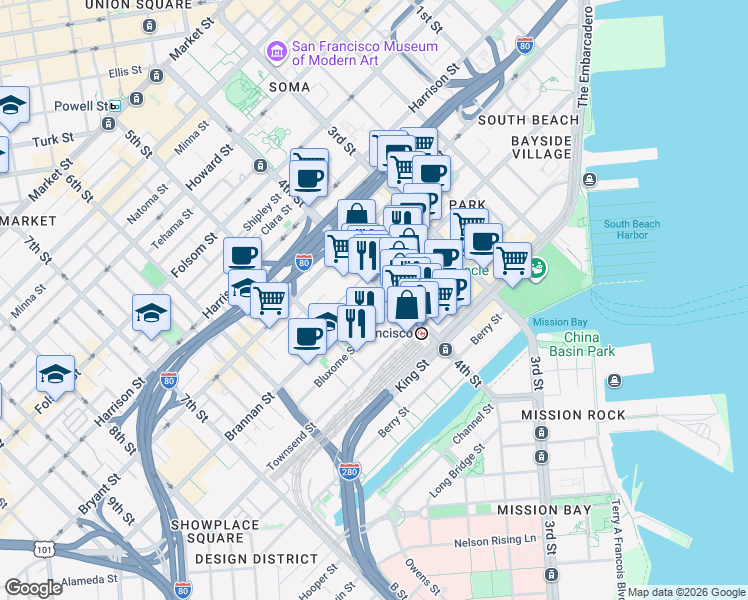 map of restaurants, bars, coffee shops, grocery stores, and more near 525 Brannan Street in San Francisco