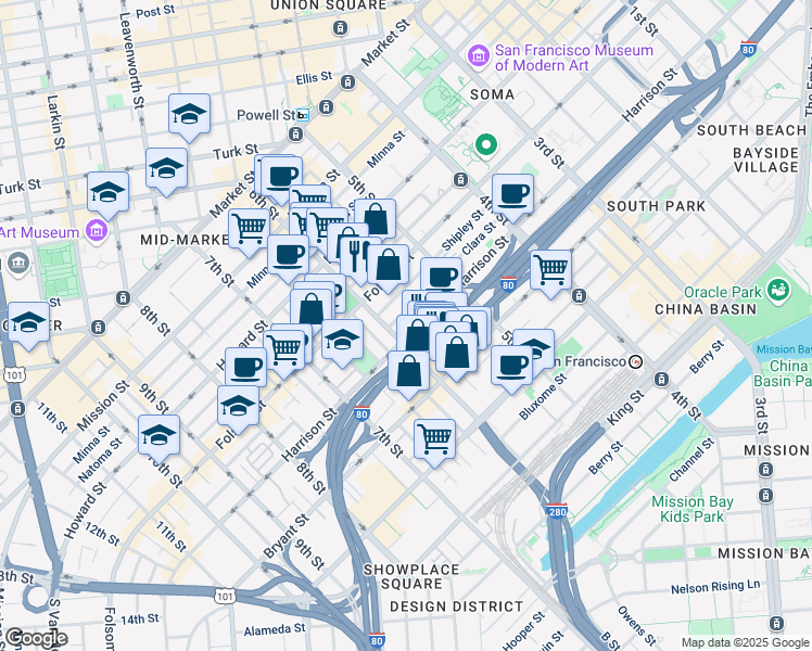 map of restaurants, bars, coffee shops, grocery stores, and more near 1000 Harrison Street in San Francisco