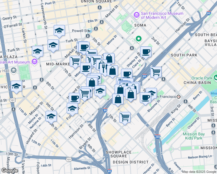 map of restaurants, bars, coffee shops, grocery stores, and more near 1000 Harrison Street in San Francisco