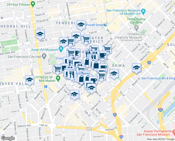 map of restaurants, bars, coffee shops, grocery stores, and more near in San Francisco