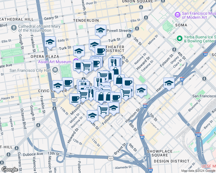 map of restaurants, bars, coffee shops, grocery stores, and more near in San Francisco