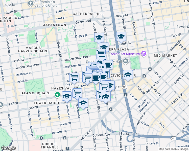 map of restaurants, bars, coffee shops, grocery stores, and more near 465 Grove Street in San Francisco