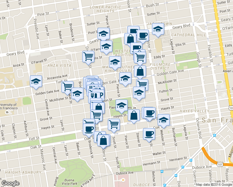 map of restaurants, bars, coffee shops, grocery stores, and more near 1160 Fulton Street in San Francisco