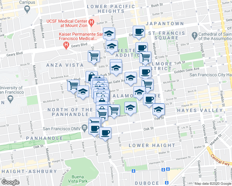 map of restaurants, bars, coffee shops, grocery stores, and more near 1160 Fulton Street in San Francisco