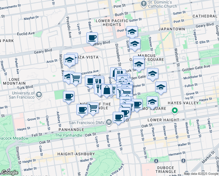 map of restaurants, bars, coffee shops, grocery stores, and more near 1711 McAllister Street in San Francisco