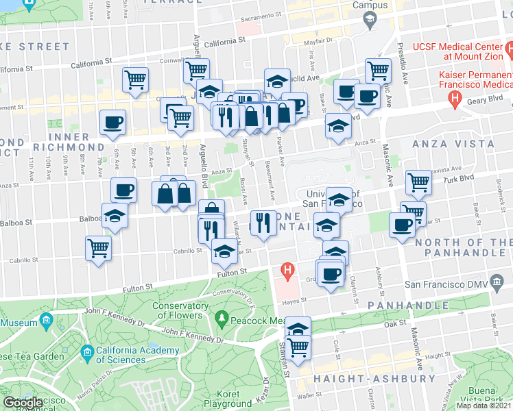 map of restaurants, bars, coffee shops, grocery stores, and more near 3001 Turk Boulevard in San Francisco