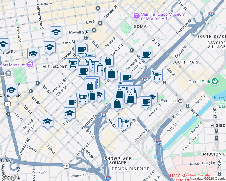 map of restaurants, bars, coffee shops, grocery stores, and more near 1000 Harrison Street in San Francisco