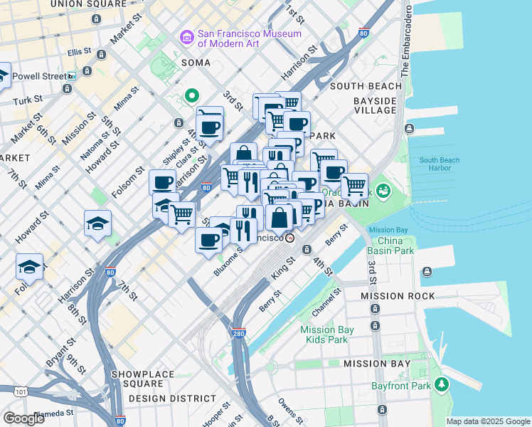 map of restaurants, bars, coffee shops, grocery stores, and more near 525 Brannan Street in San Francisco
