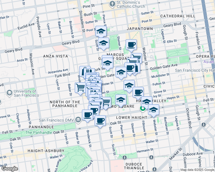 map of restaurants, bars, coffee shops, grocery stores, and more near 1471 McAllister Street in San Francisco