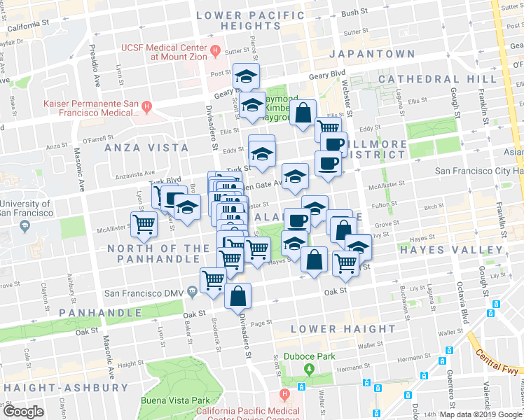 map of restaurants, bars, coffee shops, grocery stores, and more near 1471 McAllister Street in San Francisco