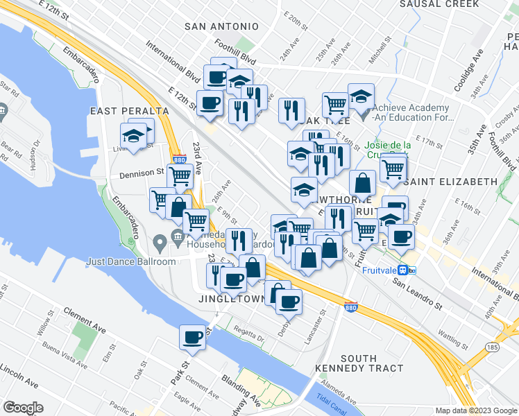 map of restaurants, bars, coffee shops, grocery stores, and more near 1098 Lisbon Avenue in Oakland