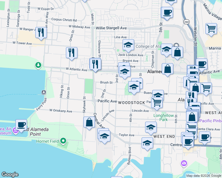 map of restaurants, bars, coffee shops, grocery stores, and more near 219 Cypress Street in Alameda