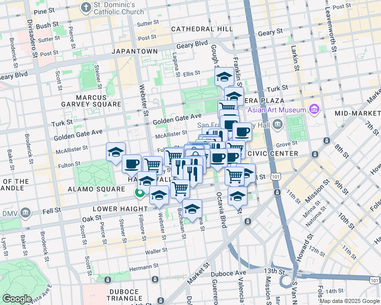 map of restaurants, bars, coffee shops, grocery stores, and more near Laguna St & Birch St in San Francisco