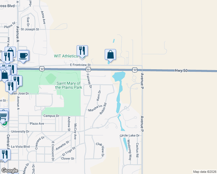 map of restaurants, bars, coffee shops, grocery stores, and more near 2309 Robin Road in Dodge City