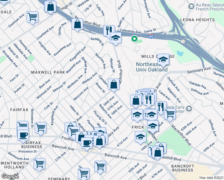 map of restaurants, bars, coffee shops, grocery stores, and more near 55th Ave & Camden St in Oakland