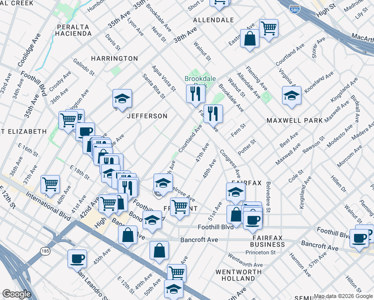 map of restaurants, bars, coffee shops, grocery stores, and more near 4510 San Carlos Avenue in Oakland