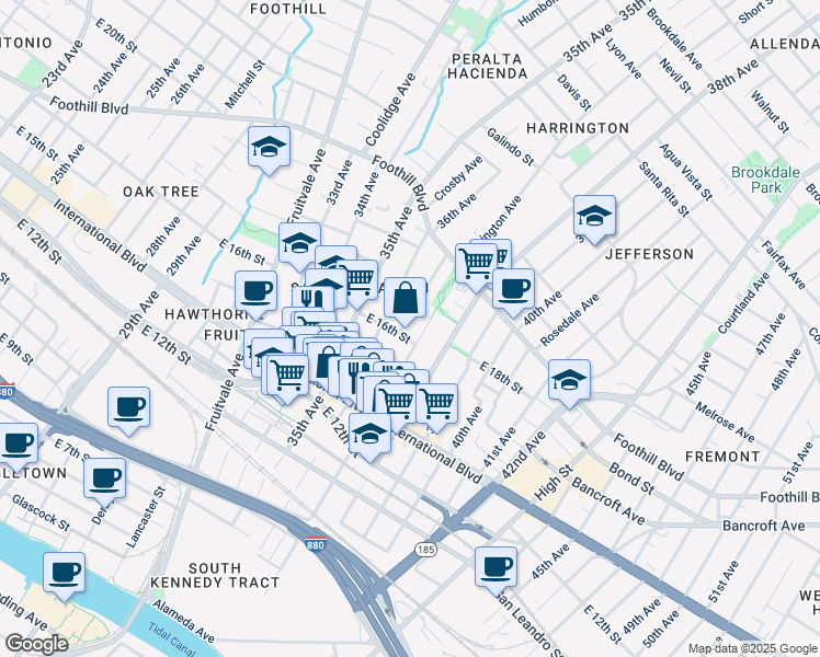 map of restaurants, bars, coffee shops, grocery stores, and more near 1564 Bridge Avenue in Oakland