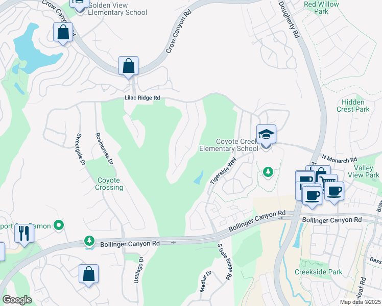 map of restaurants, bars, coffee shops, grocery stores, and more near 5561 Satinleaf Way in San Ramon