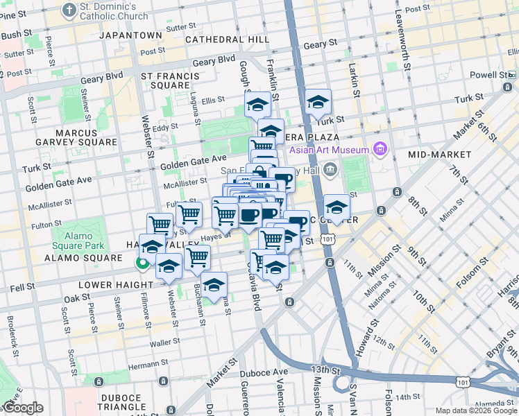 map of restaurants, bars, coffee shops, grocery stores, and more near 465 Grove Street in San Francisco