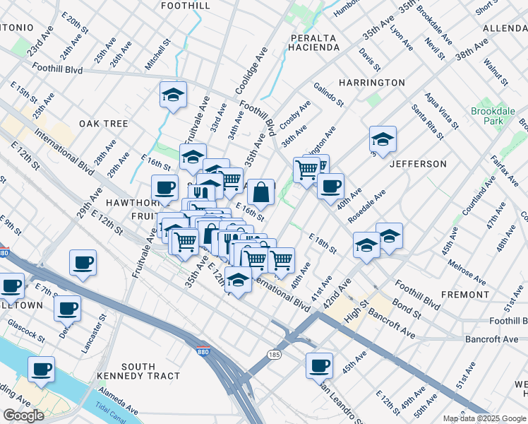 map of restaurants, bars, coffee shops, grocery stores, and more near 1564 Bridge Avenue in Oakland