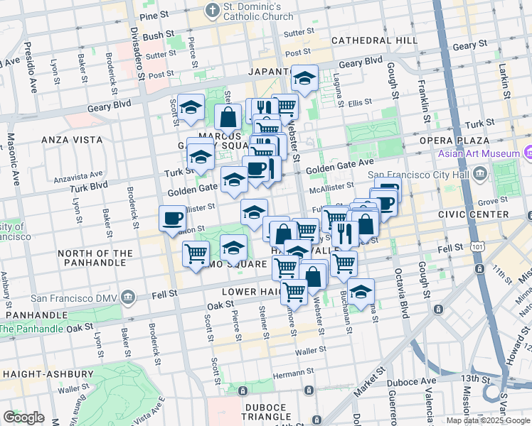 map of restaurants, bars, coffee shops, grocery stores, and more near 895 Fulton Street in San Francisco