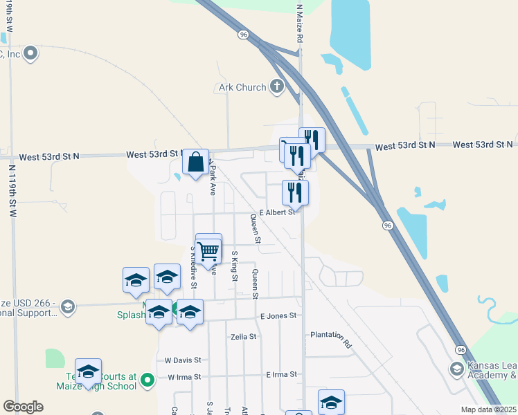 map of restaurants, bars, coffee shops, grocery stores, and more near 101 North Heather Lane in Maize