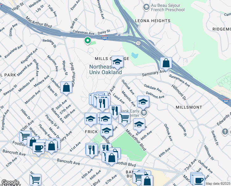 map of restaurants, bars, coffee shops, grocery stores, and more near 5936 Laird Avenue in Oakland