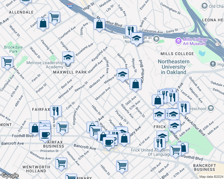 map of restaurants, bars, coffee shops, grocery stores, and more near 5402 Roberts Avenue in Oakland