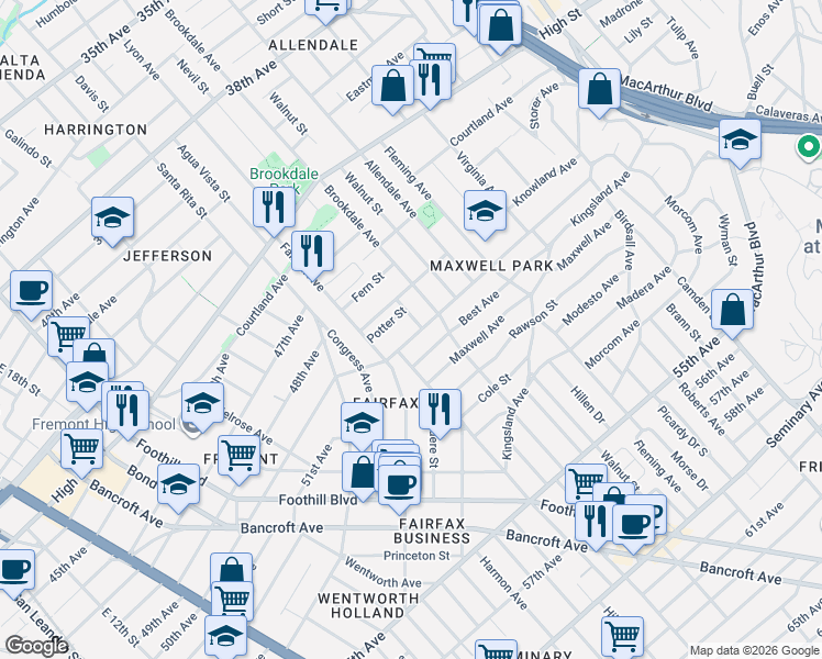map of restaurants, bars, coffee shops, grocery stores, and more near 2440 Monticello Avenue in Oakland