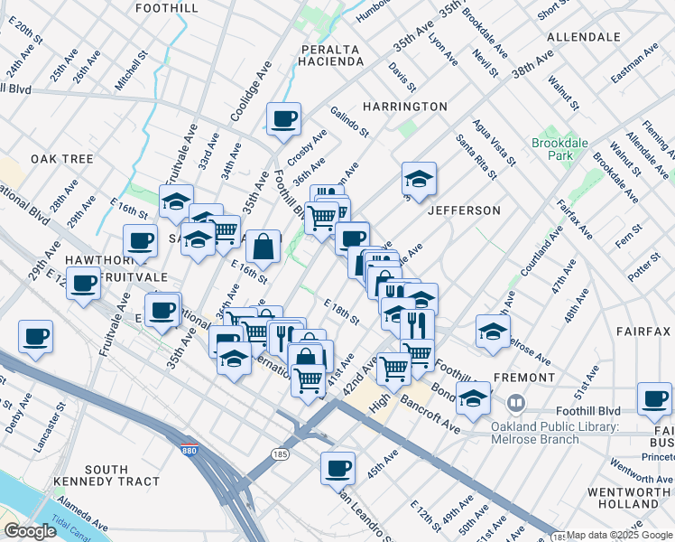 map of restaurants, bars, coffee shops, grocery stores, and more near 3944 Foothill Boulevard in Oakland