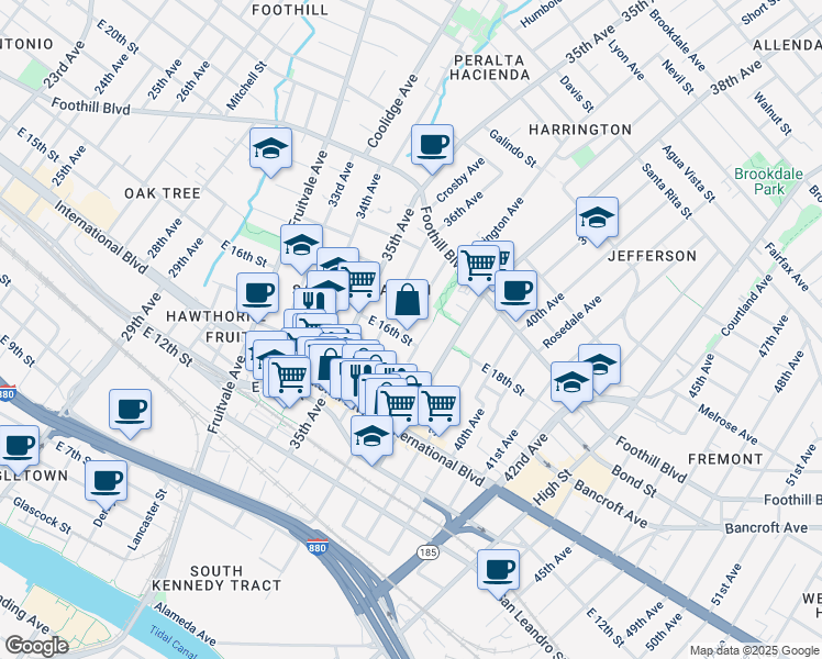map of restaurants, bars, coffee shops, grocery stores, and more near 3629 East 16th Street in Oakland