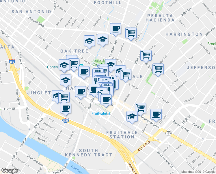 map of restaurants, bars, coffee shops, grocery stores, and more near 3270 International Boulevard in Oakland