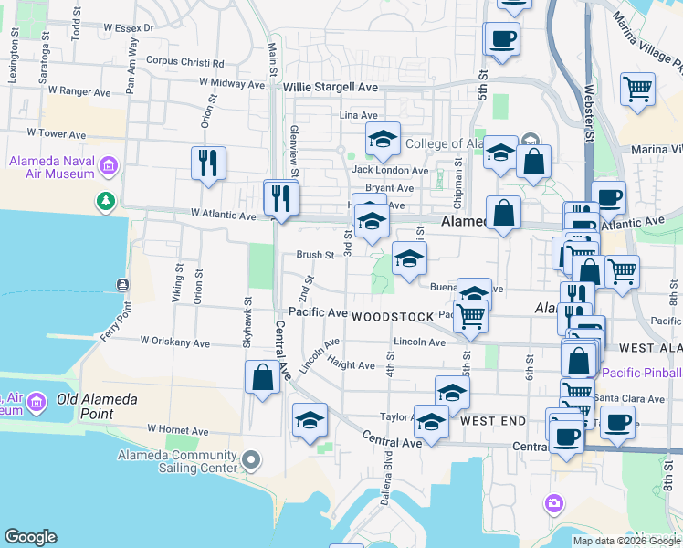 map of restaurants, bars, coffee shops, grocery stores, and more near 1812 3rd Street in Alameda