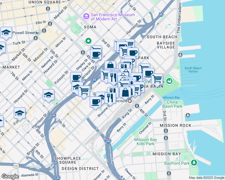 map of restaurants, bars, coffee shops, grocery stores, and more near 525 Brannan Street in San Francisco
