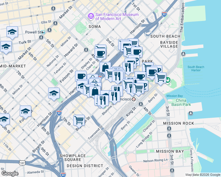 map of restaurants, bars, coffee shops, grocery stores, and more near 588 Brannan Street in San Francisco