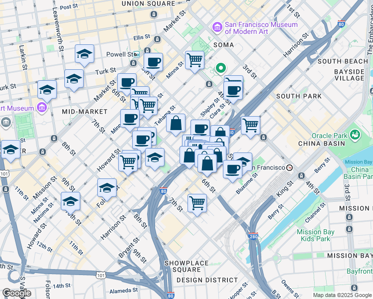 map of restaurants, bars, coffee shops, grocery stores, and more near 971 Harrison Street in San Francisco