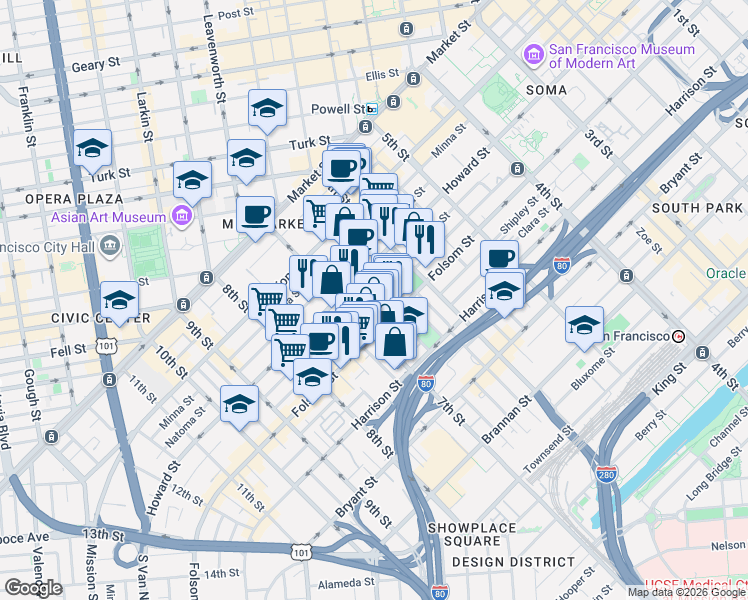 map of restaurants, bars, coffee shops, grocery stores, and more near 1074 Folsom Street in San Francisco
