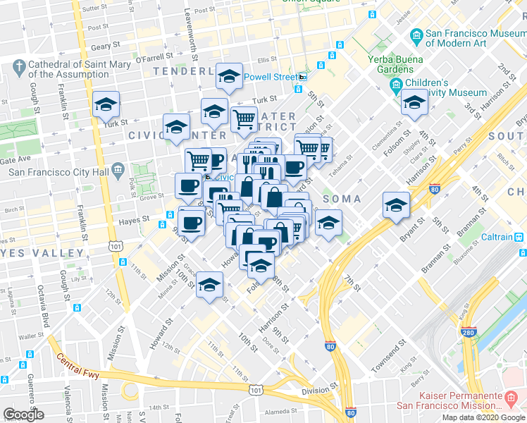 map of restaurants, bars, coffee shops, grocery stores, and more near 1136 Howard Street in San Francisco