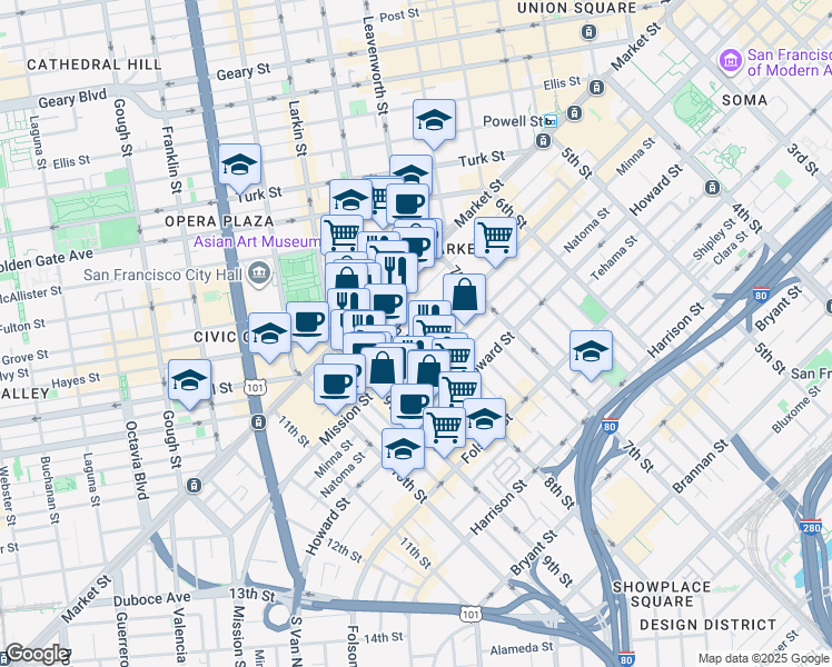 map of restaurants, bars, coffee shops, grocery stores, and more near 1185 Mission Street in San Francisco